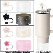 SUGAW 2 piezas Accesorios de botella de agua de silicona, Funda de taza con purpurina de 2.95 pulgadas, Tapa de pajita con flor de hibisco (se ajusta a pajitas de 10 mm), Accesorios de taza hermosos y a la moda, anti-polvo, anti-caídas, y de reducción de ruido, adecuados para fitness, actividades al aire libre, decoración de tazas, compatibles con, regalo del Día de la Madre, útiles escolares de regreso a clases