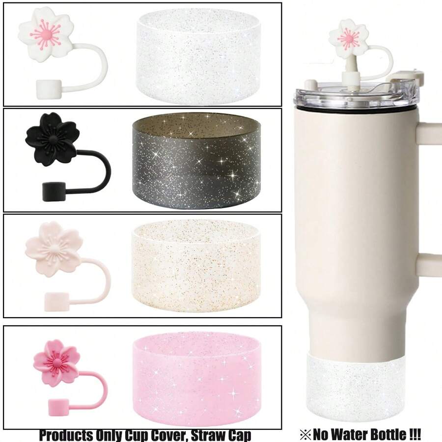 SUGAW 2 piezas Accesorios de botella de agua de silicona, Funda de taza con purpurina de 2.95 pulgadas, Tapa de pajita con flor de hibisco (se ajusta a pajitas de 10 mm), Accesorios de taza hermosos y a la moda, anti-polvo, anti-caídas, y de reducción de ruido, adecuados para fitness, actividades al aire libre, decoración de tazas, compatibles con, regalo del Día de la Madre, útiles escolares de regreso a clases