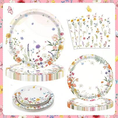 24pcs Wild Flower Theme Party Plates & Napkins Set, Disposable Party Supplies Cake Dessert Plates, Baby Shower Birthday Party Decorations Tableware Set, Spring Floral Picnic Wedding Afternoon Tea Party, Serves 24 Guests