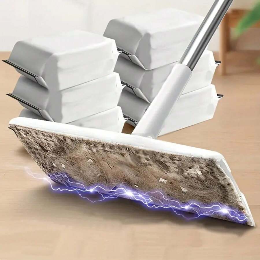 1pc Japanese Style Disposable Dust Collection Mop With Detachable Static Dust Sheets, Slouchy Dusting Paper Mop With Iron Rod Handle - Grey - View 1