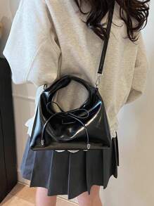 1 件简约百搭优质新月形蝴蝶结手提包女士单肩包，适合日常购物、通勤和工作，女士时尚单肩斜挎包 - 黑色 - 查看 4