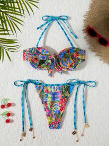 2pcs Women's New Style Ditsy Floral Bikini Set, Fashionable Backless Design With Metal Decor - Multicolor - View 2