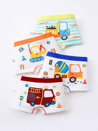 4 件装 男童建筑车辆印花平角内裤，儿童内衣短裤套装