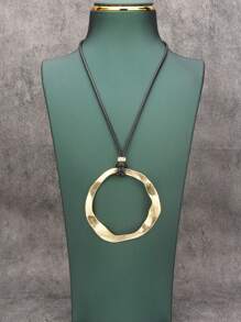 1pc Exaggerated Simple Asymmetrical Yellow Shallow Halo Alloy Beaded Pendant Necklace For Men, Fashion Hiphop Long Chain With Black Wax Rope, Everyday Accessory Gift For Girlfriend - Wax Rope - View 5