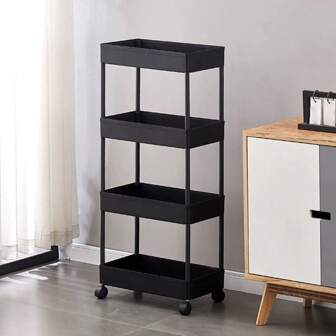 Kit de estantería de productos terminados de plástico negro y blanco de 4 capas - fácil de ensamblar, organizador de almacenamiento multifuncional con ruedas para el hogar y la oficina, organizador del hogar | Diseño de estantería abierta | unidades apilables