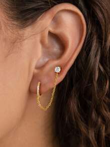 Newsoul 1件闪亮链条镶嵌立方氧化锆水滴耳环，女士珠宝，派对礼物，925纯银耳钉，独特迷人精致珠宝