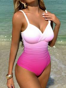 性感纯色交叉褶皱连体泳衣，时尚欧美风夏季