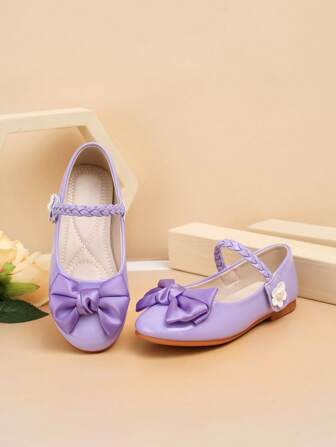 1 双女童平底鞋，蝴蝶结设计，柔软面料，系带，可爱休闲，适合所有季节