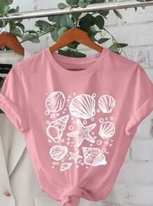 Shell Cartoon Letter Graphic Print T Shirt, Short Sleeve Crew Neck Casual Top For Summer & Spring, Women's T-Shirt - Pink - View 1