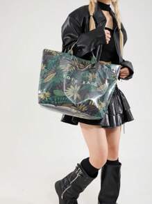 Bolso de moda para mujer, bolso de tote transparente de PVC con diseño de estampado de camuflaje y bloqueo de color, bolso impermeable para mujer, gran capacidad para ocio, vacaciones y playa, estilo informal, gran capacidad, correa de hombro fija, cierre a presión, forro de poliéster, diseño de estampado aleatorio, adecuado para el trabajo y el transporte.