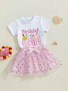 Toddler Baby Girl Birthday Outfit 6 12 18 Months 2T 3T 4T 5T Letter Embroidery Short Sleeve T-Shirt Glitter Tulle Skirt 2Pcs Toddler Cute Birthday Clothes Set - 粉色 - 查看 2