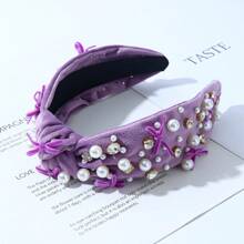 1 件女士蝴蝶结和珍珠天鹅绒头带，时尚奢华发夹 - 紫色 - 查看 1