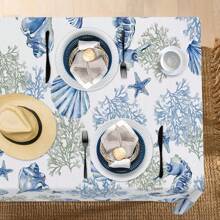 1pc Blue Ocean Beach Theme Rectangular Tablecloth, Decorated With Seashells, Coral, Seahorse & Starfish, Seasonal Ocean Table Cover For Spring/Summer Marine Themed Picnic Party, Indoor/Outdoor Decor