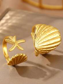2 件海星和贝壳戒指，时尚海滩度假风格手指首饰 - 金色 - 查看 3