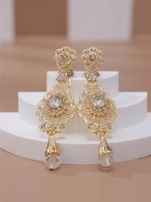 1 Pair Gold Tone Flower Shaped Earrings With Plastic Rhinestones, Elegant Vintage Boho Moroccan Style For Weddings, Parties, Holidays
