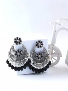 2025 Vintage Style Hollow Flower Carving Agate Teardrop Shape Earrings, Elegant For Women - Black - View 2