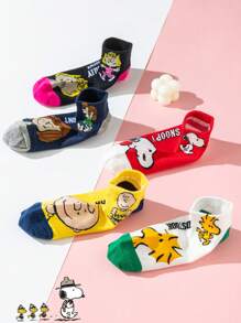5 Pairs Unisex Cartoon Snoopy Print Ankle Socks, Novelty Gift, Women & Men Summer Short Socks