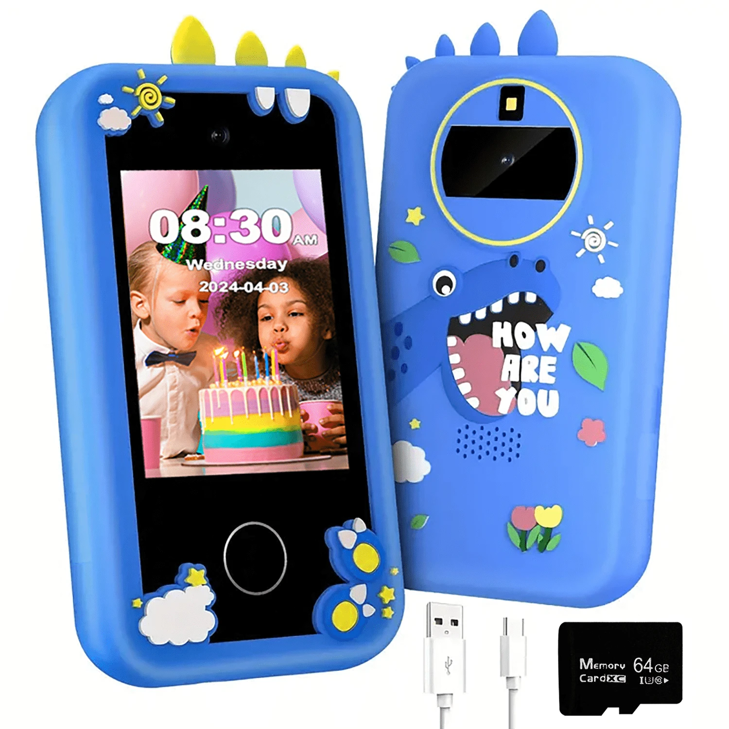 儿童智能手机玩具,64GB 存储卡,读卡器,双摄像头,1080P 高清,48MP,防摔设计,儿童生日礼物首选 - 彩色 - 查看 1
