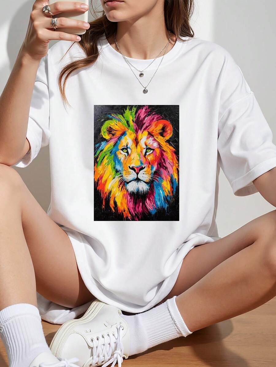 Cartoon bunter Graffiti Löwe Grafik Muster T-Shirt, Rundhals Lässig vielseitiges Kurzarm-T-Shirt für Damen, geeignet für Sommer und Frühling - Weiss - Übersicht 1