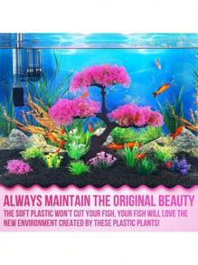 10 件水族箱人造塑料植物装饰、粉色花树和彩色草水族箱装饰、金鱼缸装饰套装、斗鱼缸隐藏完整树木装饰配件套件。