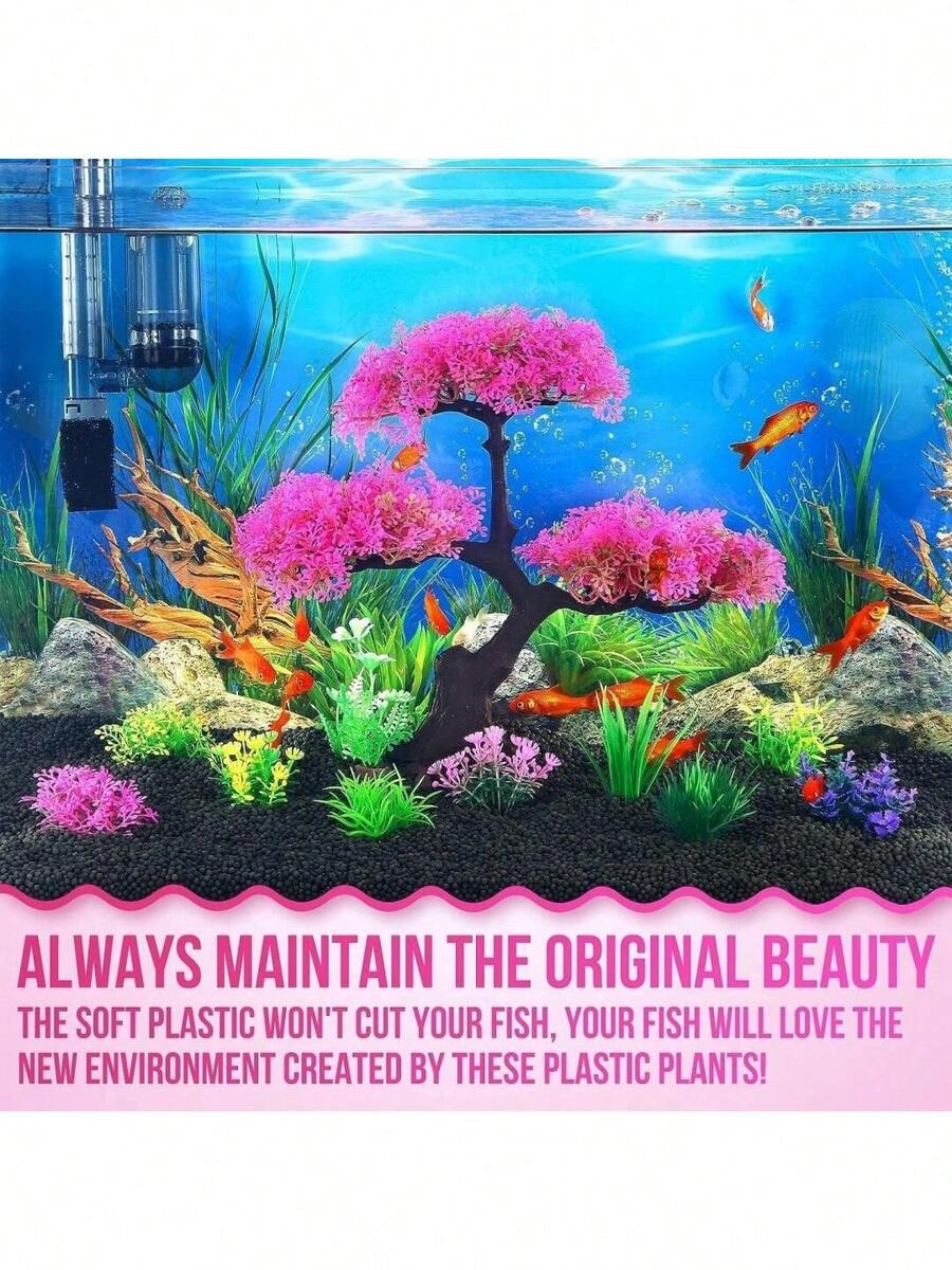 10 件水族箱人造塑料植物装饰、粉色花树和彩色草水族箱装饰、金鱼缸装饰套装、斗鱼缸隐藏完整树木装饰配件套件。