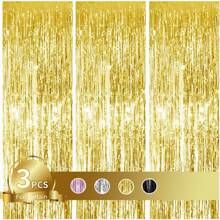 3pcs Metallic Foil Tinsel Fringe Curtains, Party Background Decoration, Birthday Party Wedding Decor Supplies
