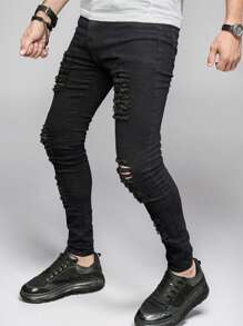Men's Stretch Distressed Slim Fit Jeans With Patches, Fashionable Casual Motorcycle Pants