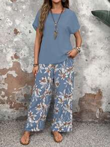 Women's Casual Solid Color Crew Neck Short Sleeve And Floral Print Pants Two Piece Summer Sets,Beach/Vacation/Daily Outfits - Màu xanh nhạt - Xem 4