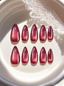 10 paquets d'ongles à presser faits main, faux ongles rouges purs scintillants avec effet œil de chat, faux ongles courts brillants en forme de cercueil pour femmes et filles, livrés avec 1 bande à froisser et 1 colle en gelée. Fournitures pour ongles - Rouge foncé - Voir 16