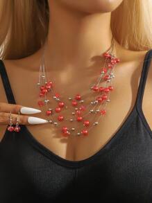 1pc Fashionable Boho Beach Retro Style Multi-Layer Shell Necklace & 1 Pair Crystal Bead Earrings For Women - Colorful - View 15