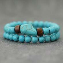 51Luckind 2pcs/Set Vintage Volcanic Stone & Turquoise Bead Asymmetrical Bracelet