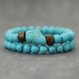 51Luckind 2 buc/Set Brățară asimetrică din piatră vulcanică vintage și mărgele turcoaz