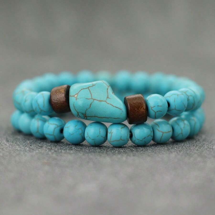 51Luckind 2pcs/Set Vintage Volcanic Stone & Turquoise Bead Asymmetrical Bracelet