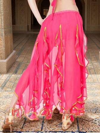 Shiny Belly Dance Skirt Women Belly Dance Chiffon Shiny Tassel Long Dance Skirt Stage Performance Costume Belly Dance Accessories