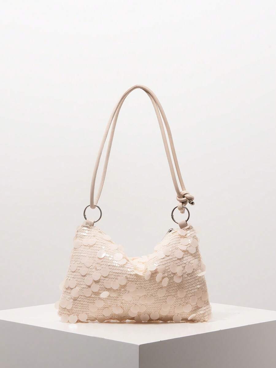 Sparkly Sequin Shoulder Bag, Sequin Bag, Party Dresses For Women, Metal Round Clasp Underarm Bag, Premium Style Evening Bag, Bag For Women Elegant, Wedding Items, Glitter Prom Wallet (Pattern Random) - Beige - View 1