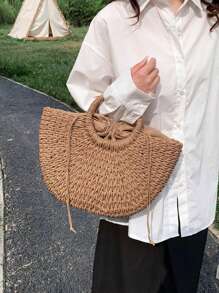 Bolso de playa de media luna de paja y ratán tejido a mano, de gran capacidad, para mujer, de estilo hueco y cruzado, bolso de hombro de verano de paja de media luna, hecho a mano, portátil, de gran capacidad, bolsa de playa, cesta tejida, bolso de asa superior, monedero y bolsas de tela