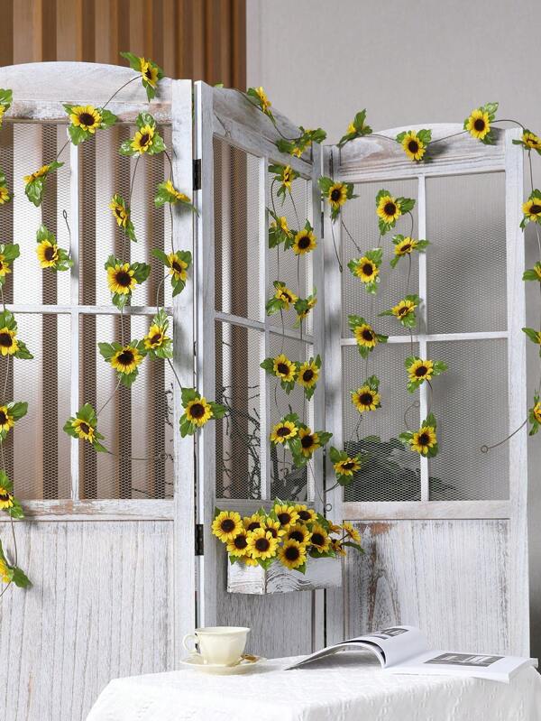 1PC 95 Inch(L) Simulation Sunflower Rattan Home Garden Patio Porch Fence Wedding Arch Background Wall Party Tabletop Decor
