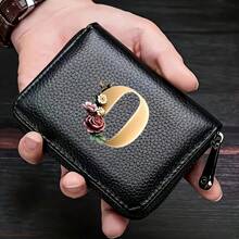 PU皮革字母印花风琴拉链卡包 女士男士钱包卡包零钱包信用卡夹 男士钱包，男士礼物 - 黑色 - 查看 23