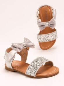 1 Pair Of Girls' Silver Glitter Mesh Bow Sandals With Sequins, Exposed Toes, Low Cut, Hook And Loop, Flat Heel, Sweet Princess Style Sandals, Summer Performance, Daily Matching Shoes - Silver - View 2