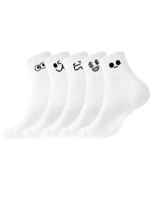 5 pares de calcetines casuales de longitud media con estampado de expresión de dibujos animados para parejas para uso deportivo y al aire libre