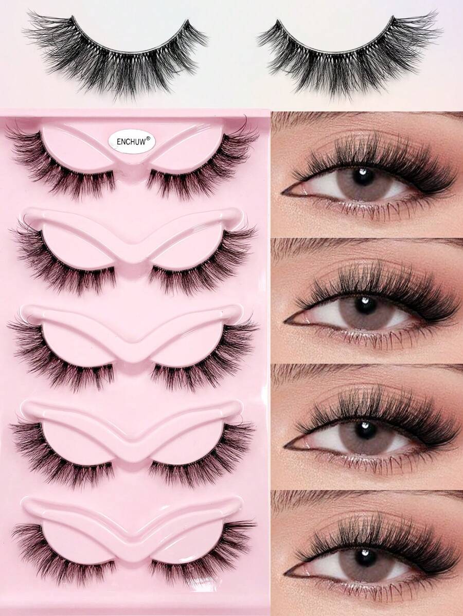 ENCHUW 5 Pairs 3D Natural False Lashes Cat Eye Eyelashes With Clear Band Soft Band Fluffy Soft Cross Manga Lashes Wispy Natural Eyelash Extension Makeup