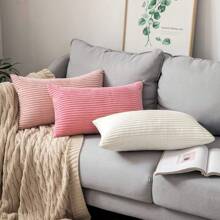 1pc Plain Ribbed Striped Soft Decorative Throw Pillow Case, Square Cushion Cover, Spring Winter Holiday Home Decor, Soft Comfy Striped Fabric, Modern Decor For Sofa, Bedroom, Dorm - Pink - View 7