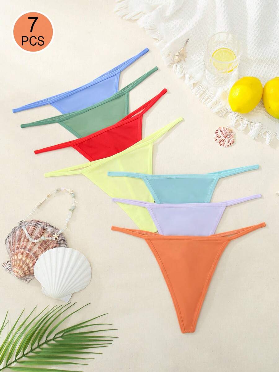 7pcs Simple Style Comfortable Casual Thong Panties - Multicolor - View 1