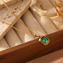 1pc 18K Plated Stainless Steel Fashion Simple Square Zirconia Pendant Necklace, Suitable For Date, Party, Office Wear - Yellow Gold - View 7