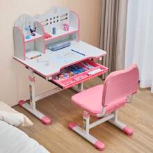 Children's Study Chair And Desk Set, Children's Study Desk And Chair With Bookshelf And Storage Drawer, Children's Study Desk And Chair With Adjustable Height, 0-40° Tilting Tabletop Desk And Chair, Children's Study Desk, Suitable For Bedroom And Study Room, Pink, Blue - Bàn ghế học tập cho trẻ em có thể điều chỉnh độ cao, bàn học cho trẻ em, màu hồng - Xem 1