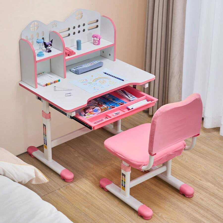 Children's Study Chair And Desk Set, Children's Study Desk And Chair With Bookshelf And Storage Drawer, Children's Study Desk And Chair With Adjustable Height, 0-40° Tilting Tabletop Desk And Chair, Children's Study Desk, Suitable For Bedroom And Study Room, Pink, Blue - Bàn ghế học tập cho trẻ em có thể điều chỉnh độ cao, bàn học cho trẻ em, màu hồng - Xem 1