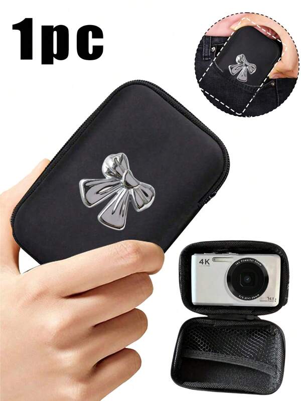 حقيبة تخزين صغيرة محمولة مزينة بعنصر الفيونكة الفضية Y2K ، مصنوعة من مادة EVA الصلبة المقاومة للماء والسقوط، صندوق تخزين مضاد للصدمات، مناسبة لتخزين الكاميرات الرقمية والمنتجات الرقمية،ويمكن تخزين سماعات الرأس