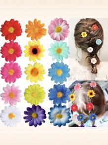 15 件花朵发夹，多色 1.5 雏菊花发夹鳄鱼夹，适合女孩女孩婚礼发饰海滩度假发饰和 DIY 项目 - 彩色 - 查看 1