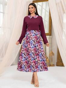 Vestido largo con manga larga, cierre de cordón en la cintura, estampado de retazos, estilo casual, modesto, tipo abaya, kaftán, jaladibiya, vestido árabe, para verano
