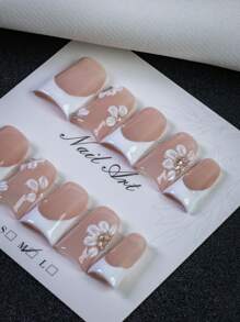 10片甜美清新鸭嘴法式假指甲，简约3D立体花朵美甲，法式设计，白色花朵点缀闪亮水钻，适合日常、休闲和轻松场合，是送给女性和女孩的最佳礼物，手工按压式美甲贴片 - 粉色 - 查看 1